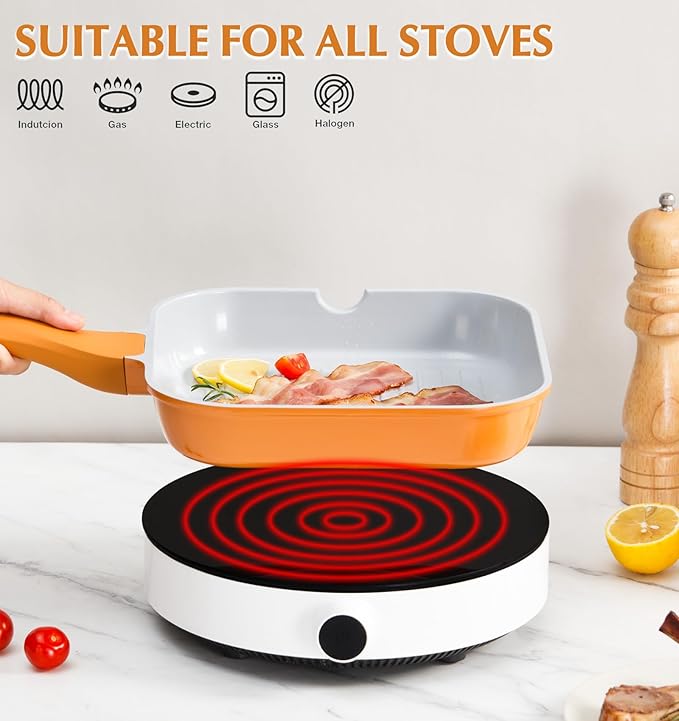 KOCH SYSTEME CS 11 Inch Nonstick Grill Pan for Stove Tops, Square Griddle Pan with Pour Spouts, Grill Pan for Indoor Cooking, Grill Skillet with Bakelite Handle, PTFE & PFOA Free, Orange
