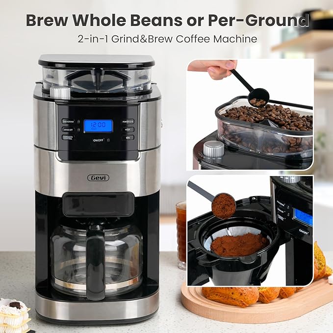 Gevi 10-Cup Coffee Maker with Built-in Burr Grinder, Programmable Timer, 1.5L Water Tank, Reusable Filter & Warming Plate – Drip Coffee Machine for Fresh Ground Coffee