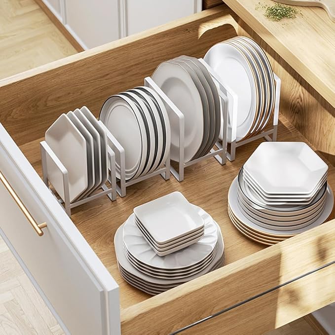 Dinnerware Bowl Plate Holder Fit for 6.5 Inches Diameters Bowl, Metal Bowl Storage Dying Display Rack for Kitchen Drawer, Countertop, Cabinet, Shelf, Cupboard (White, 2L Bowl rack+ 2L Disc rack)