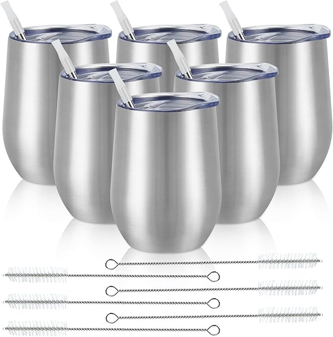 6 Pack Stainless Steel Wine Tumblers, 12Oz Insulated Wine Tumbler, Double Wall Insulated Wine Glass, Stainless Steel Stemless Wine Cups with Lids for Coffee, Wine, Cocktails, Champaign, Silver