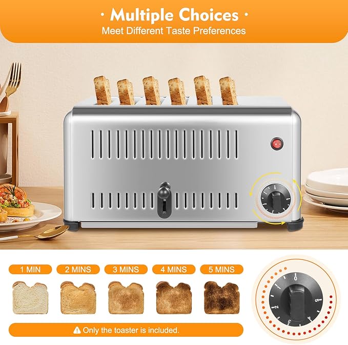 Stainless Steel Toaster 4 Slice with 2 Modes for Toasting (4 or 6 Slices), Extra Wide Slots, Time Adjustable 1 to 5 Minutes, Removal Crumb Tray