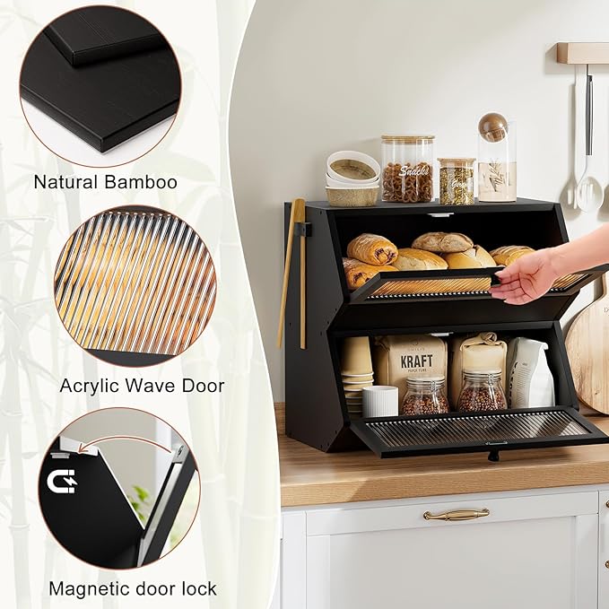 WOWLIVE Double Layer Bread Box for Kitchen Countertop, Large Bamboo Bread Storage Container for Homemade Bread, Farmhouse Bread Holder for Kitchen Counter Cabinet, Pantry, (Black, Extra Large)
