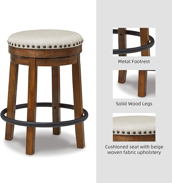 Signature Design by Ashley Valebeck Upholstered Swivel Stool, Cushioned Seat, Woven Fabric Upholstery, Wood, 24" H, Brown & Black