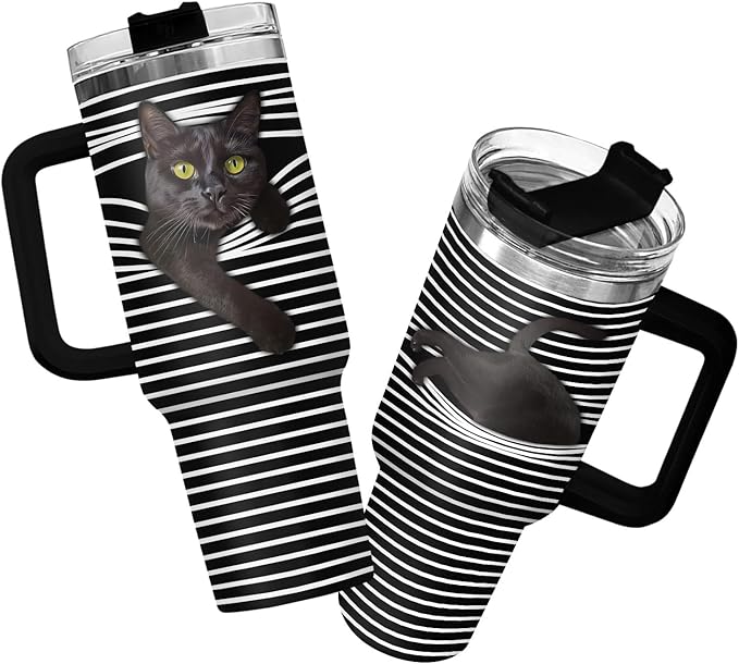 34HD Black Cat Tumbler with Handle and Straw, 40 oz Stainless Steel Vacuum Insulated Hide and Seek Mug Kitty, Cat Gifts for Men Women Mothers Day Birthday Christmas