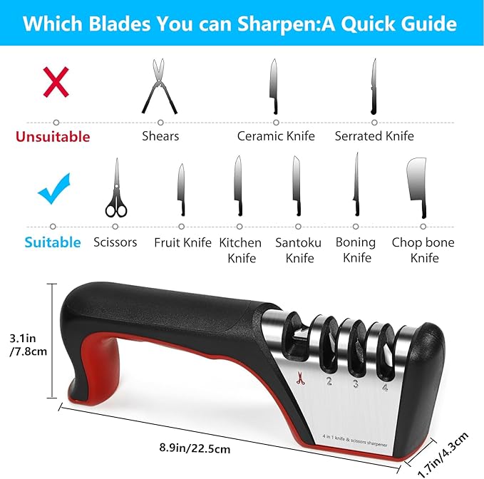 4-in-1 knife sharpener [4 stages], original quality polishing blade, the best kitchen tool for paring knives, steel knives and scissors - including a pair of anti-cutting gloves
