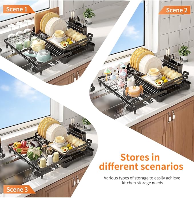 extendable Dish Drying Rack for Kitchen Counter,escurridor de platos,Metal Dish Strainer with Utensil Holder and Drainer (Black)