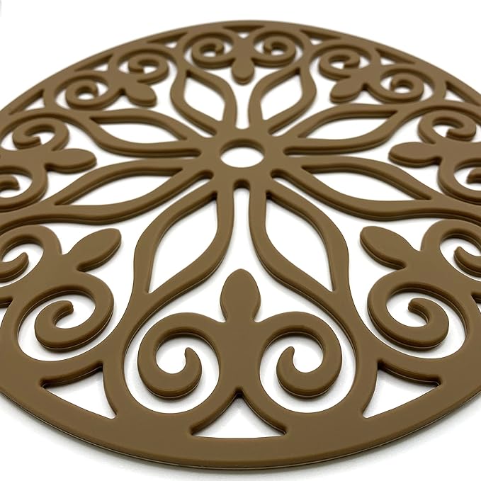 3 Set Silicone Trivet Mats with 1 Extra Large Included | Intricately Carved Insulated Flexible Durable Non Slip Thick Round Premium Trivets for Hot pots and Pans | Brown Sugar