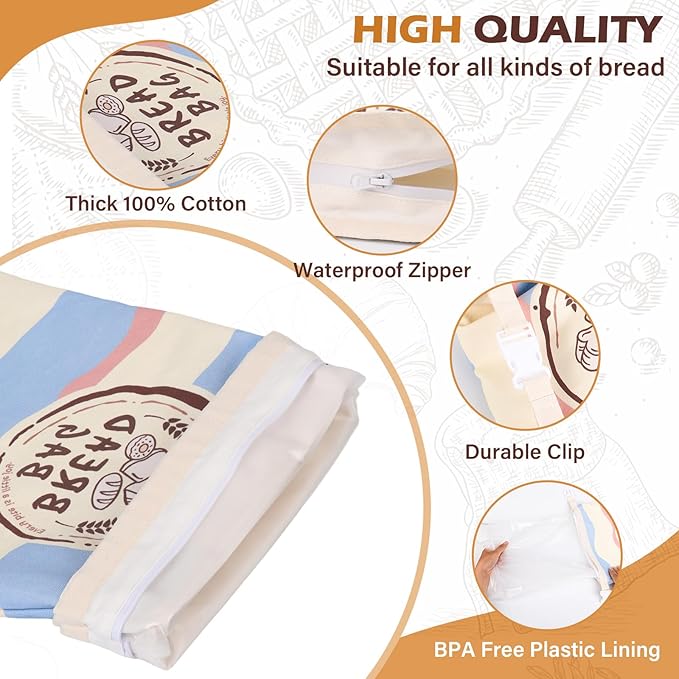 Reusable Bread Bags (2-Pack) – XL Cotton Zipper Bags with Plastic Lining for Sourdough & Homemade Bread Storage - Great Gift for Bakers
