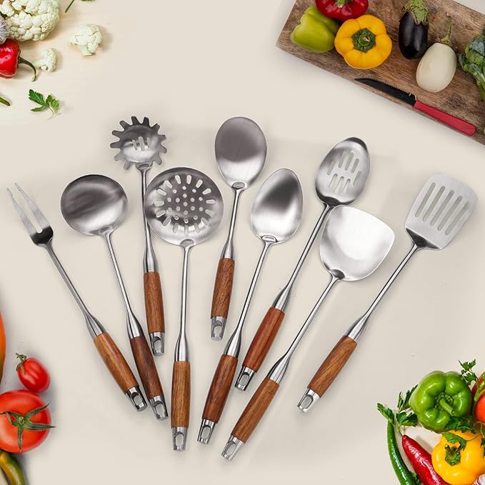 9 PCS 304 Stainless Steel Kitchen Cooking Utensils set with Wooden Handle, Metal Kitchen Utensils Set, Large Heat Resistant Wooden Handle Kitchen Tools, Stainless Steel Wok Spatula