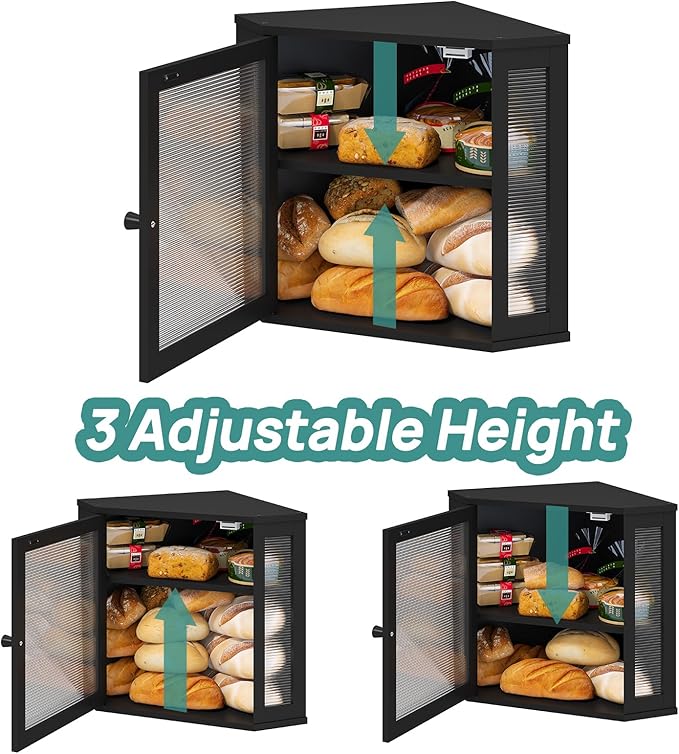 Corner Bread Box for Kitchen Counter, Bamboo Wood Black Bread Box, Large Capacity Bread Storage Bin with Acrylic Wavy Door Panel (Black, Meduim)