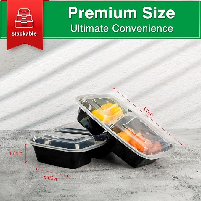 Meal Prep Containers 2 Compartment 30 Pack, 26 oz Divided Reusable Food Storage Containers with Lids Takeout Food Storage Containers Black, Microwave Dishwasher Freezer Safe, Stackable, BPA Free