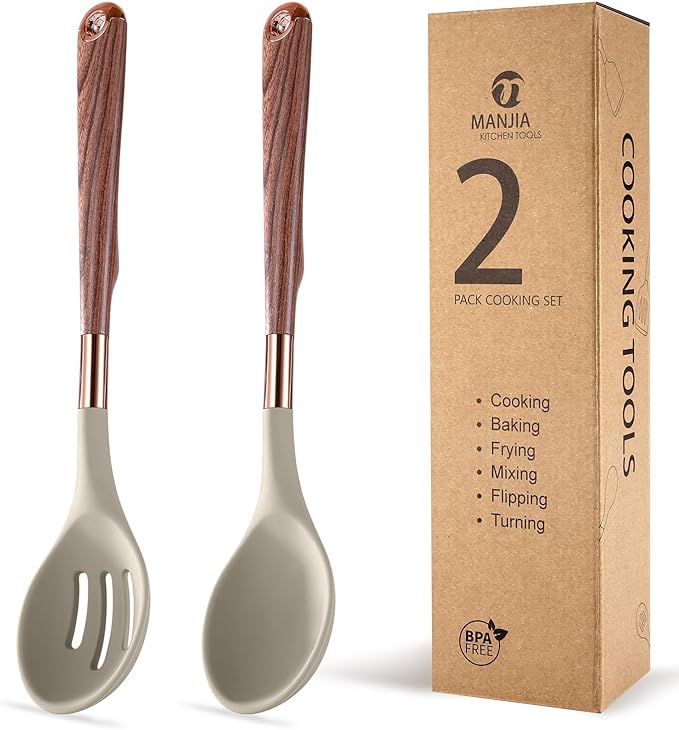 MANJIA Silicone Spoons Set, Nonstick Silicone Slotted Spoon & Solid Spoon Set, Serving Spoons kitchen Spatula for Cooking Fish, Eggs,Flipper, Cooking Utensils Set 2pcs (khaki-spoons)