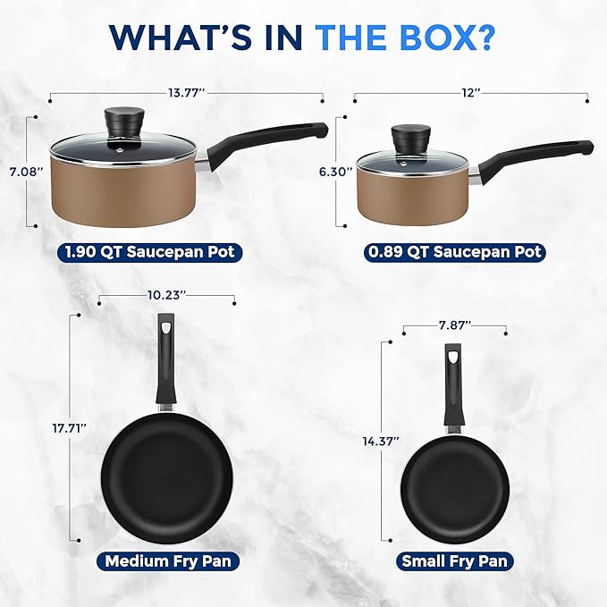 SereneLife 6-Piece Pots and Pans Set – Nonstick Cookware, Black Coating, Heat-Resistant, Dishwasher safe, Includes Fry Pans, Saucepans with Lids, Color Gold