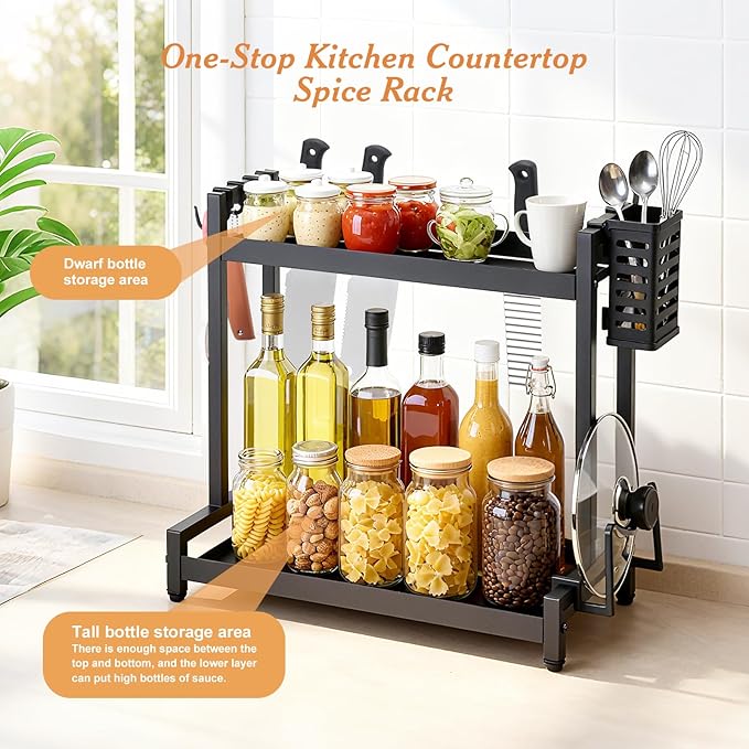 Countertop Spice Rack Organizer 2-Tier Seasoning Organizer with Metal Guardrail Design Suitable for Kitchen/Stovetop/Kitchen Island/Corner, Spice Rack Includes Basket, Hooks, and Pot Lid Holder