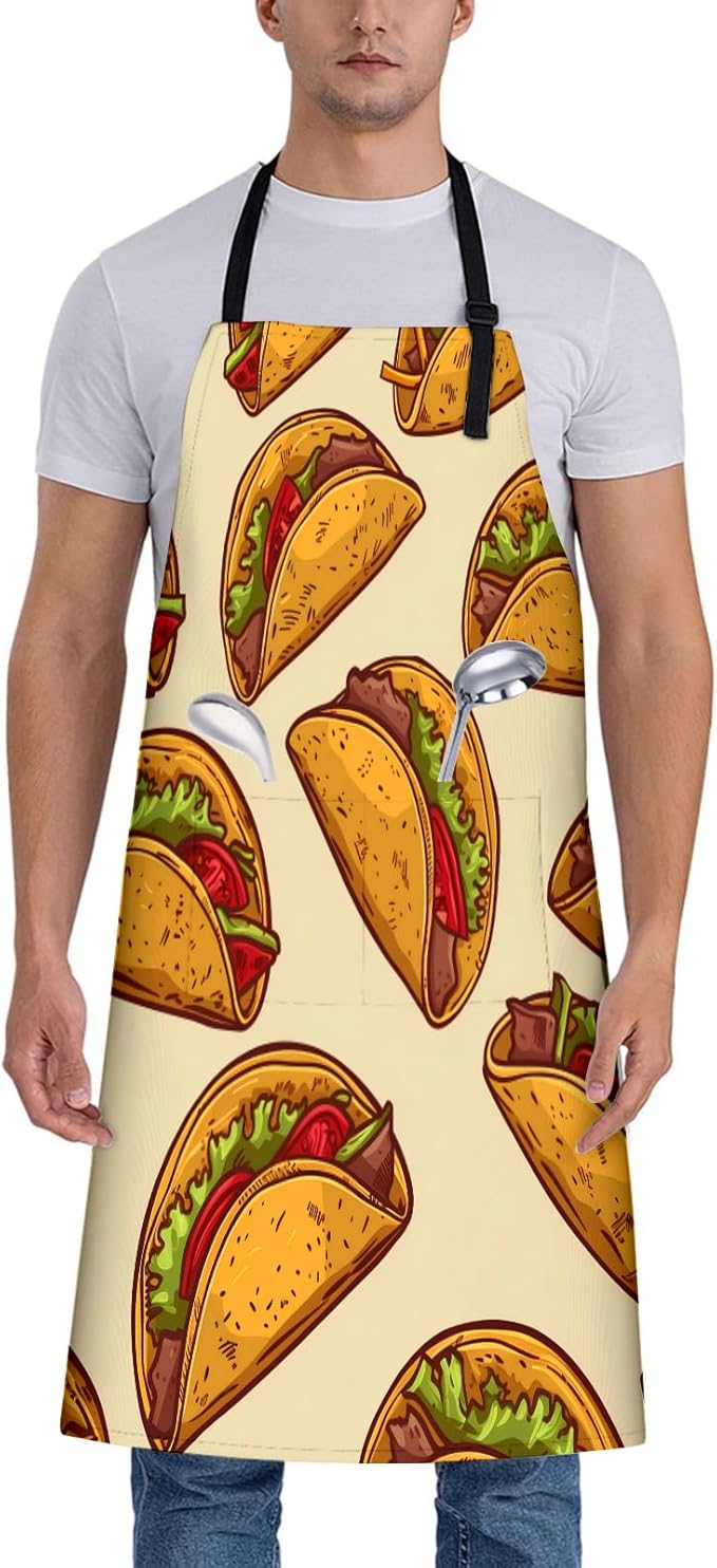 Taco Apron for Women, 28x33in, Kitchen Chef Aprons with 2 Pockets, Polyester, Colorful Tacos Apron for Cooking BBQ Baking Gardening Chef, Gifts for Mom Wife Dad