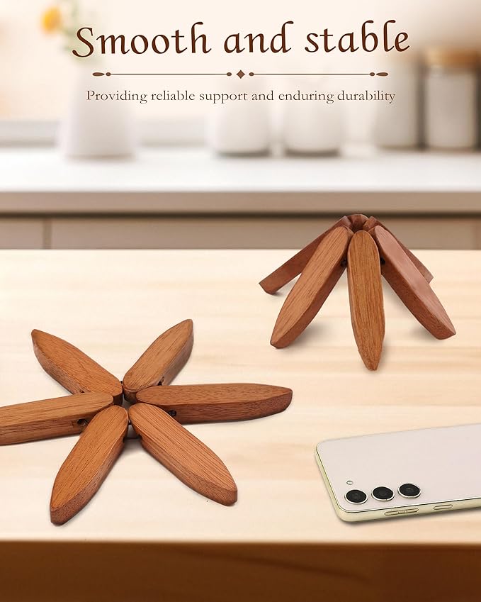 Wooden Tree Trivets for Hot Dishes, 4 Wooden Trivet + 1 Stand Natural Wooden Coaster for Hot Dishes, Pot, Bowl, Teapot, Hot Pot Holders, 4 Foldable Christmas Tree-Shaped Trivets