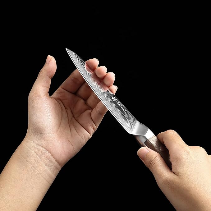 Wakoli HIK Damascus Utility Knife – Full Tang Multipurpose Knife | 5-Inch Blade Made of 67-Layer Damascus Steel with VG10 Core | Walnut Wood Handle | Sharp, Durable, Gift Box Included