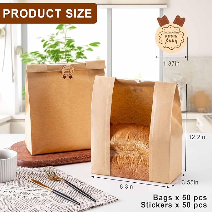 50Pcs Sourdough Paper Bread Bags for Homemade Bread with Window, Includes 50PCS Label Seal Stickers for Food Storage(50% Thicker 13.7x8.3x3.5 in - Large)