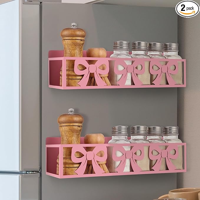2 Pack Bow Magnetic Spice Rack for Refrigerator Metal Magnet Basket Shelf for Fridge Seasoning Storage Organizers Home Decor Kitchen Accessories (Pink)