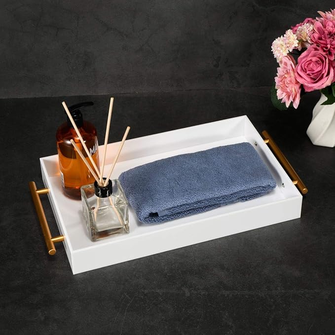 Glossy White Acrylic Tray with Metal Handle,No Need to Assemble-Acrylic Tray for Ottoman,Coffee Table, Breakfast, Tea, Food, Butler - Decorative Tray (12x18 Inch, White)