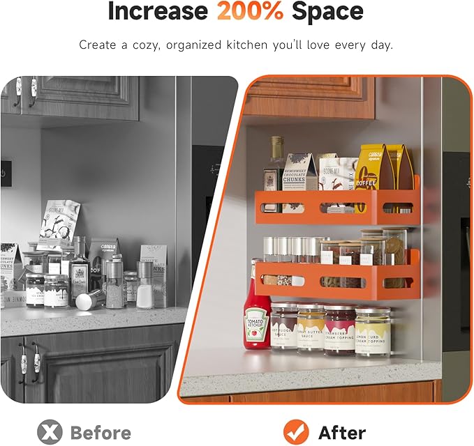 4 Pack Magnetic Spice Rack for Refrigerator, Spice Rack Organizer, Moveable Magnetic Shelf Fridge Organizer with 4 Hooks for Kitchen and Oven Organization, Orange