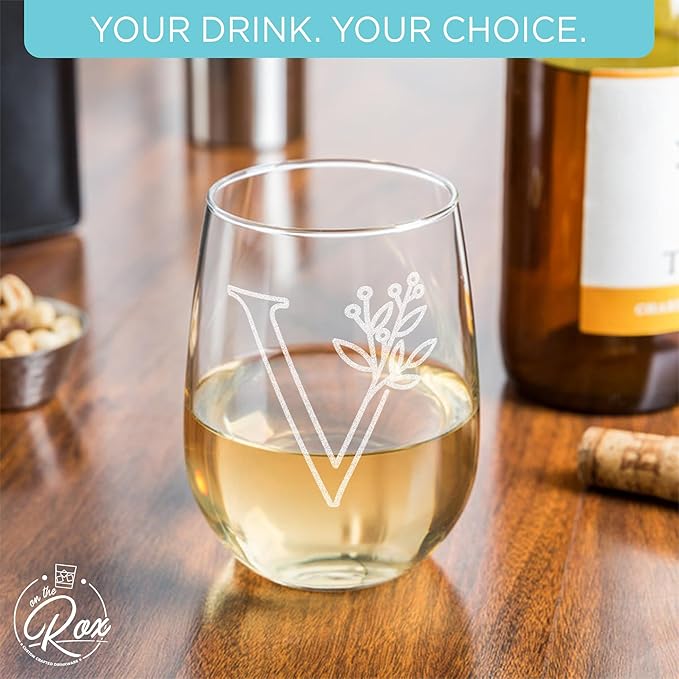 On The Rox Drinks Monogrammed Gifts For Women and Men - Letter A-Z Initial Engraved Monogram Stemless Wine Glass - 17 Oz Personalized Wine Gifts For Women and Men (V)