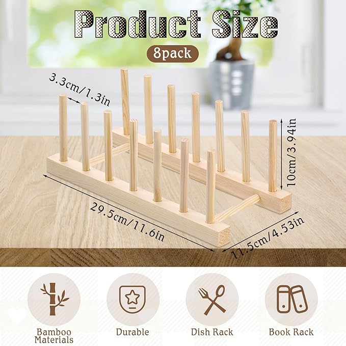 SHENLIU 8 Pcs Bamboo Wooden Plate Rack, 6 Slots Plate Organizer Dish Drying Rack Stand Drainer for for Kitchen Pot Lid Bowl Cup Book Cutting Boards