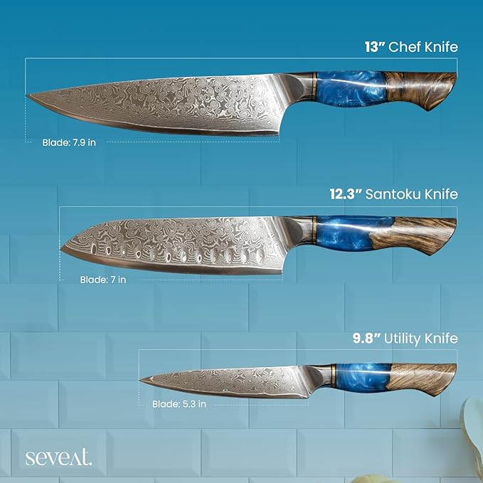 Damascus Kitchen Knife Set, 67-Layer Damascus Steel, 3-Piece Professional Set: 13” Chef, 12.3” Santoku & 9.8” Utility Knife, Ergonomic Wood & Resin Handle, Ideal for Gifting (Blue, 3 pieces)