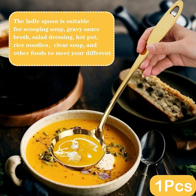 Soup Ladle Soup Spoons 304 Stainless Steel Gold Ladle, 12.2Inch Long Handle Large Serving Spoon for Cooking Buffet, Party, Kitchen, Gold