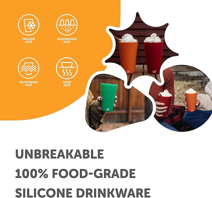Silipint 16oz Silicone Pint Glass – Unbreakable BPA-Free Reusable Silicone Drinking Cup – Flexible Dishwasher Microwave & Freezer Safe – Stemless Glass for Water Coffee Smoothies (Orange)