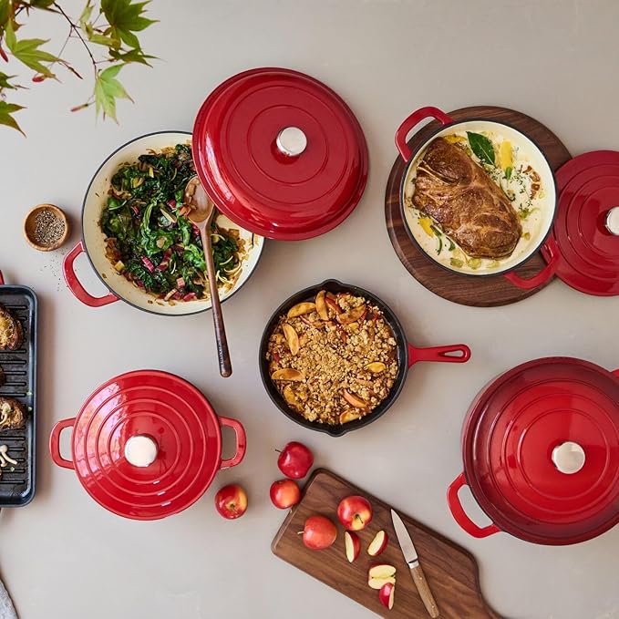 Sur La Table Enameled Cast Iron Cookware Set – Includes 5-Qt & 2.5-Qt Dutch Ovens with Lids and 10" Skillet, Oven to 500°F, Induction Compatible, Essential Starter Gift Set, Red