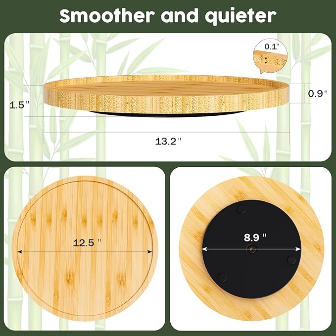 Lazy Susan Organizer, 13.2 Inch Non-Skid Bamboo Lazy Susan for Kitchen Table cabinets Closets and Kitchen Islands, Wood Turntable for Kitchen Countertop Organizer