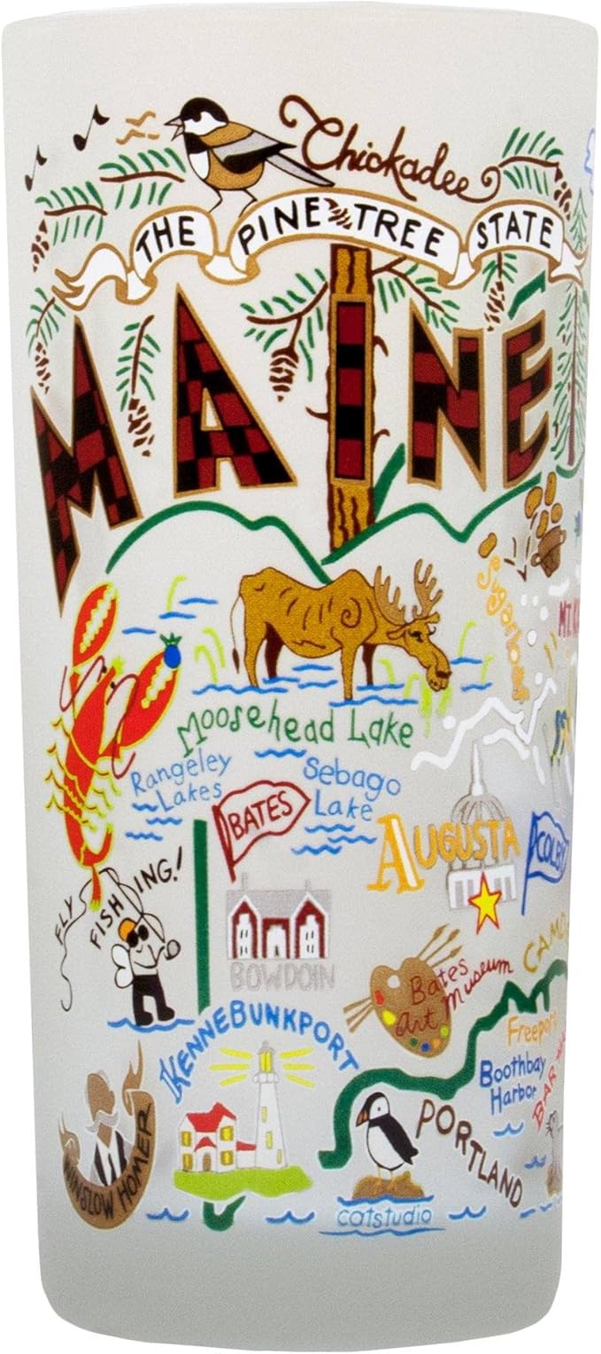Catstudio Drinking Glass, Maine Frosted Glass Cup for Kitchen, Drinking Glasses, 15oz Dishwasher Safe Tumbler for Maine Lovers
