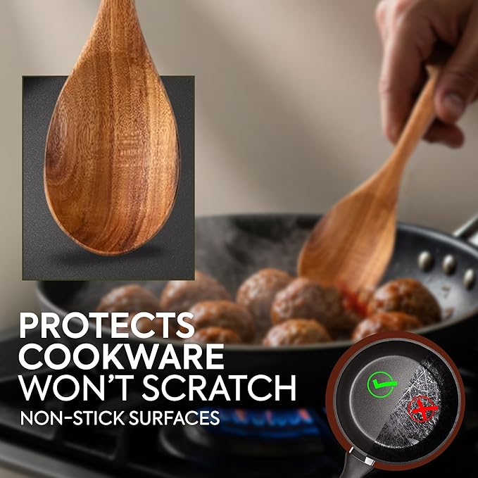 12" Long Handle Teak Wooden Spoon for Cooking with Large Teak Spoon Rest - Premium Wooden Spoons For Cooking - Wooden Kitchen Utensil Set, Essential Wood Utensil Set for Kitchen & Perfect for Gifts