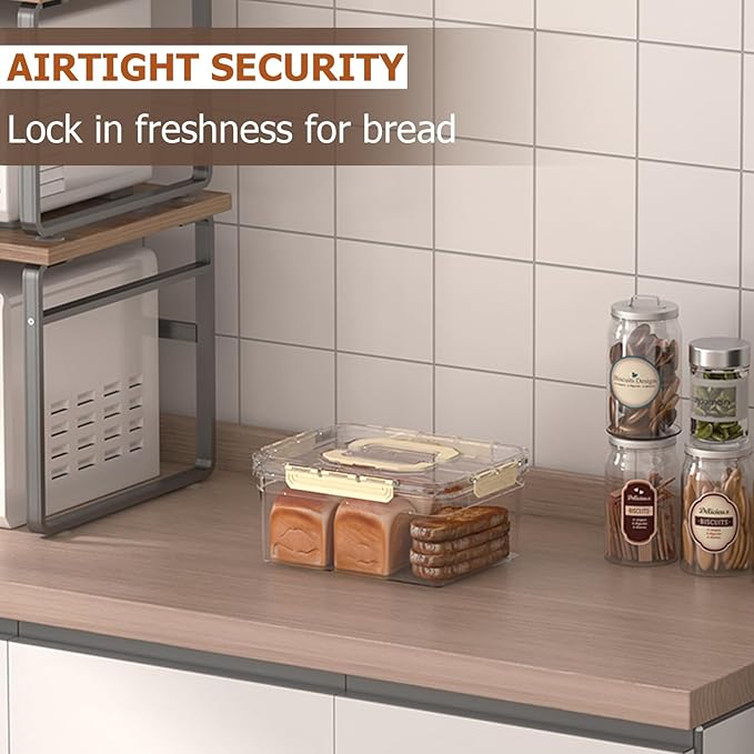 Bread Box with Slicer & Ice Chilled Condiment Caddy, Portable Airtight Bread Storage Container with Lid Handle for Kitchen Counter, Bread Keeper for Homemade Bread,Toast, Bagel, Cookies, Beige