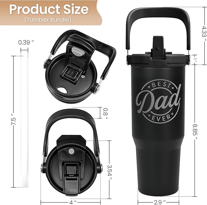 Best Dad Ever Tumbler 30oz, Stainless Steel Insulated Tumblers Travel Cup with Carry Handle & Flip Straw Lid, Gifts for Dad from Daughter Son, Dads Gift for Birthday Christmas Fathers Day