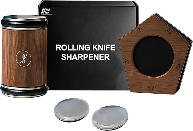 SKILO Rolling Knife Sharpener Made of Black American Walnut - Tumbler Knife Sharpener Knife Sharpening With Diamonds & Ceramic for Steel of Any Hardness With Magnetic Angle