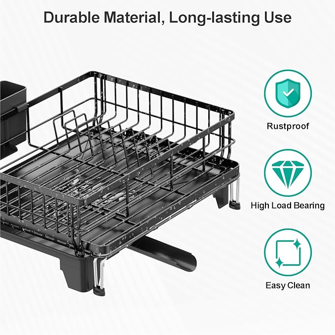 Swedecor Extendable Dish Drying Rack, Large 2-in-1 Dish Racks for Kitchen Counter with Drainboard & Pan Slots, Anti-Rust Over Sink Dish Drainer, 12.6" to 22.4" L x 16.7" W, Black