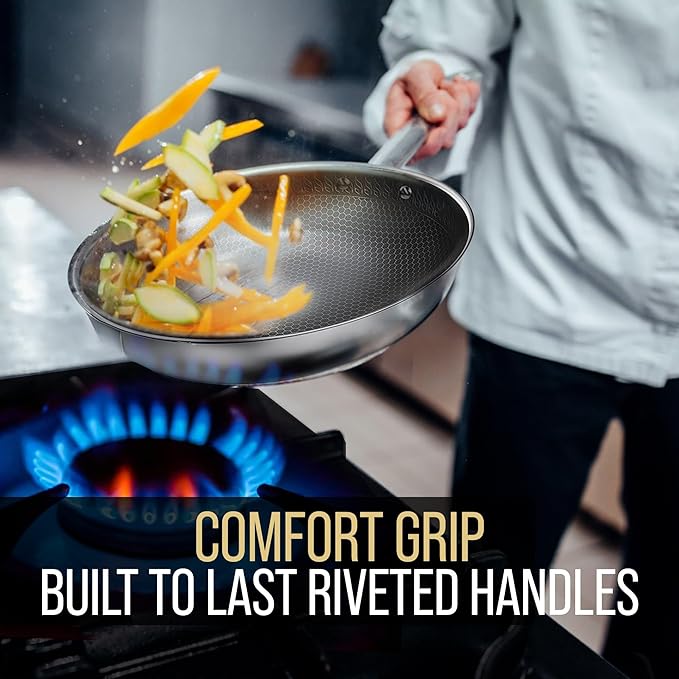 Nonstick Honeycomb Hybrid 11" Stainless Steel Wok with Lid + Medium 304 Steel Cutting Board Double Sided, Premium Kitchen Bundle