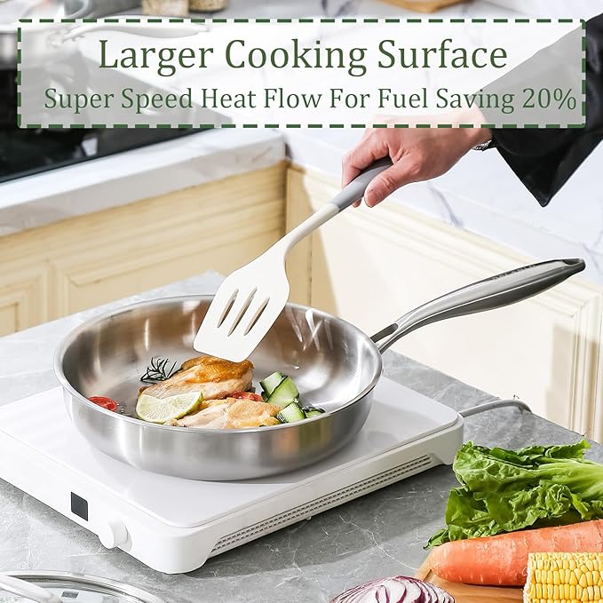 DELARLO Stainless Steel Pan 10.3Inch, Triply Stainless Steel Frying Pan with Lid, Heavy Duty, Compatible with Induction, Gas and Electric up to 650℉, Fast & Even Heating, Dishwasher, Oven Safe Skillet