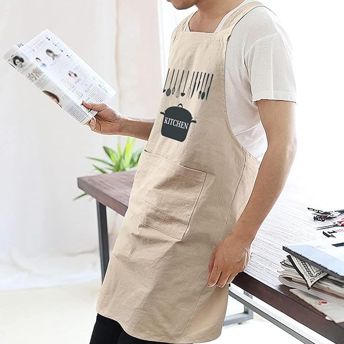 Cotton Linen Apron Non-tie Cross Back Kitchen Apron with Pockets Soft Comfortable Durable for Cooking Baking Gardening (Khaki,Ktichen)