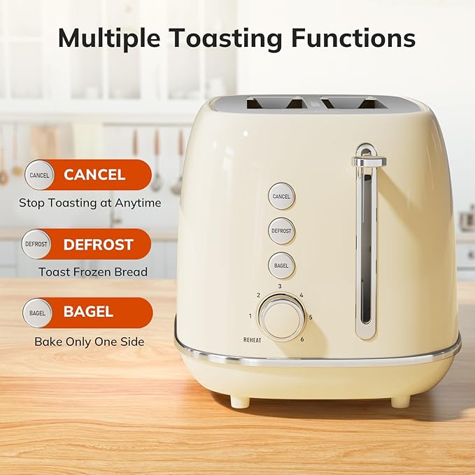 Toasters 2 Slice Retro Stainless Steel Toasters with Bagel, Cancel, Defrost Function and 6 Bread Shade Settings Bagel Toaster, Beige