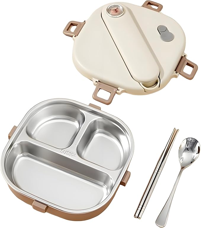 Stainless Steel Bento Box, 800ml Leakproof Lunch Box, Easy To Open And Close, Food Storage Container For Outings, Picnics, And Travels (3 Compartments)