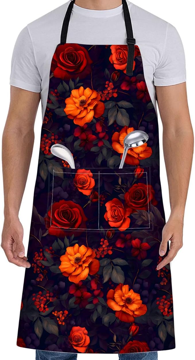 Floral Apron for Women with Dark Red Orange Rose,28x33in,Autumn Kitchen Aprons with 2 Pockets, Oxford Fabric,Gothic Flower Adjustable Apron for Cooking Baking Gardening Chef,Gifts for Mom Wife