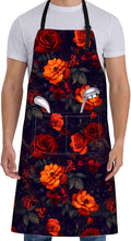 Floral Apron for Women with Dark Red Orange Rose,28x33in,Autumn Kitchen Aprons with 2 Pockets, Oxford Fabric,Gothic Flower Adjustable Apron for Cooking Baking Gardening Chef,Gifts for Mom Wife