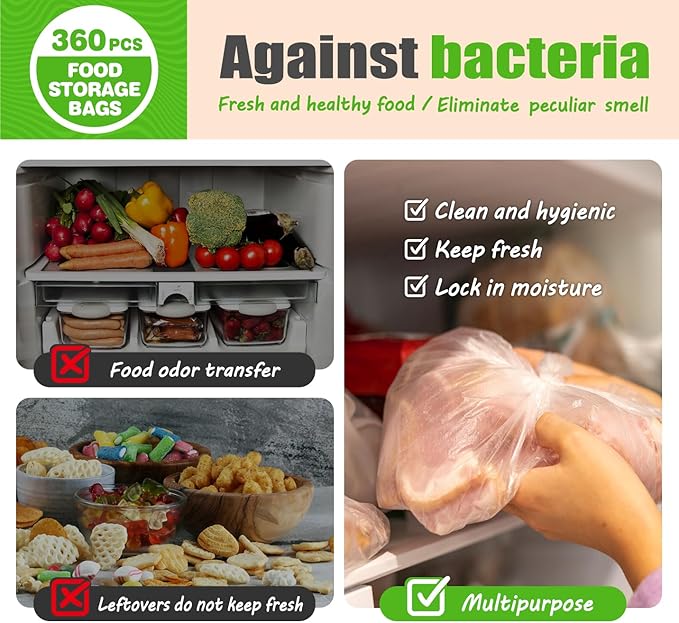 Teivio 360 Count 12" x 16" Plastic Produce Bags on A Roll, Clear Kitchen Disposable Plastic Food Storage Bags for Bread Fruit Vegetable and Meat