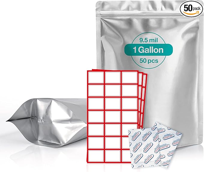 BELLE KR® 50 Pcs 1 Gallon Mylar Bags with Oxygen Absorbers (500cc) - 9.5 mil - Gusseted Mylar Bags 1 Gallon Resealable & Heat Sealable for Long Term Food Storage - Labels Included