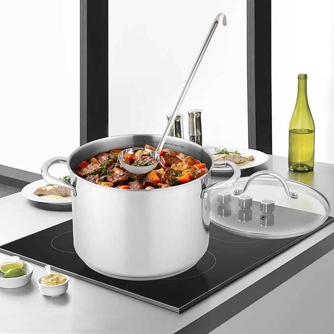 GreatChef Stock Pot Stainless Steel for Cooking Riveted Handle, Heavy Duty Vessel,Induction Compatible All Cooktops in Use, Dishwasher & Oven Safe (8 Quart + Laddle))