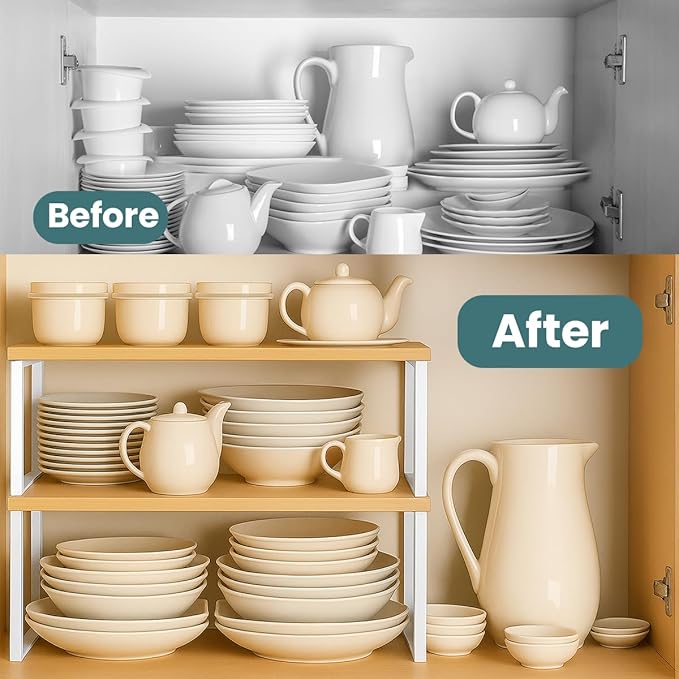 Sben Cabinet Organizer Shelf, Set of 2 Kitchen Counter Shelves, Kitchen Storage, Spice Rack, Stackable, Expandable, Metal and Engineered Wood, Cloud White and Natural Beige