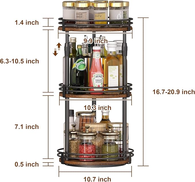 Lazy-Susan-Organizer-Spice-Rack, 3-Tier Adjustable Rotating Spice Organizer For Kitchen-Cabinet-Countertop-Pantry, Turntable Seasoning Holder Storage Shelf